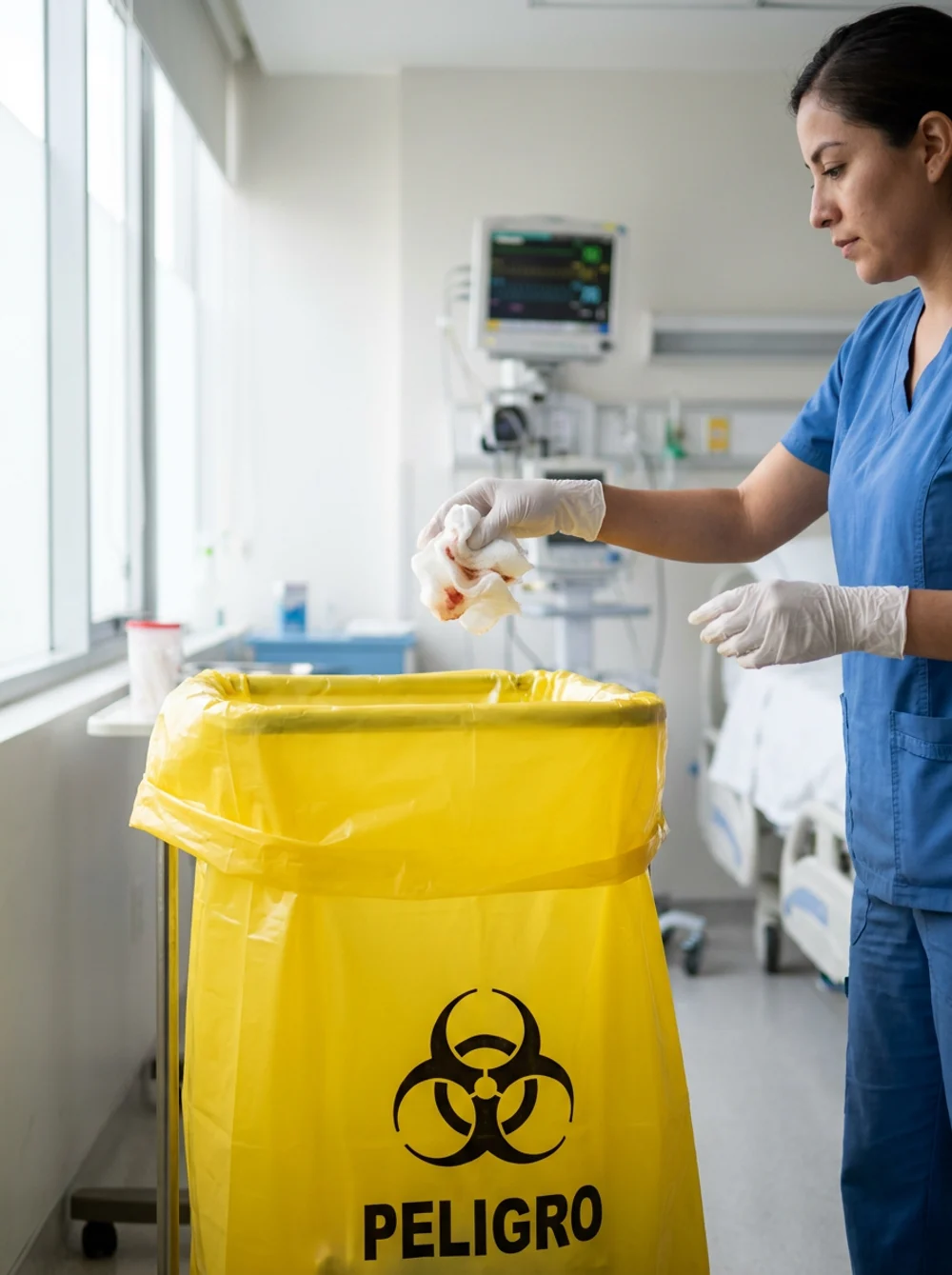 Enfermera depositando residuos en una bolsa amarilla RPBI calibre 300 en una sala de hospital