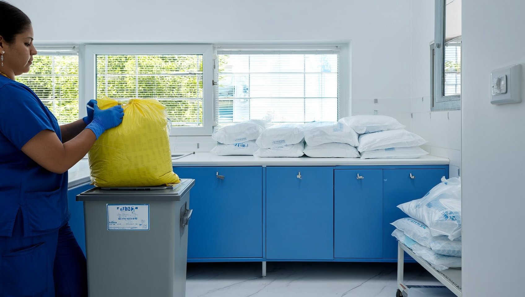 Trabajadora de salud con guantes colocando una bolsa amarilla RPBI en un contenedor rígido etiquetado, con varias bolsas selladas de distintos tamaños apiladas en un estante metálico al fondo