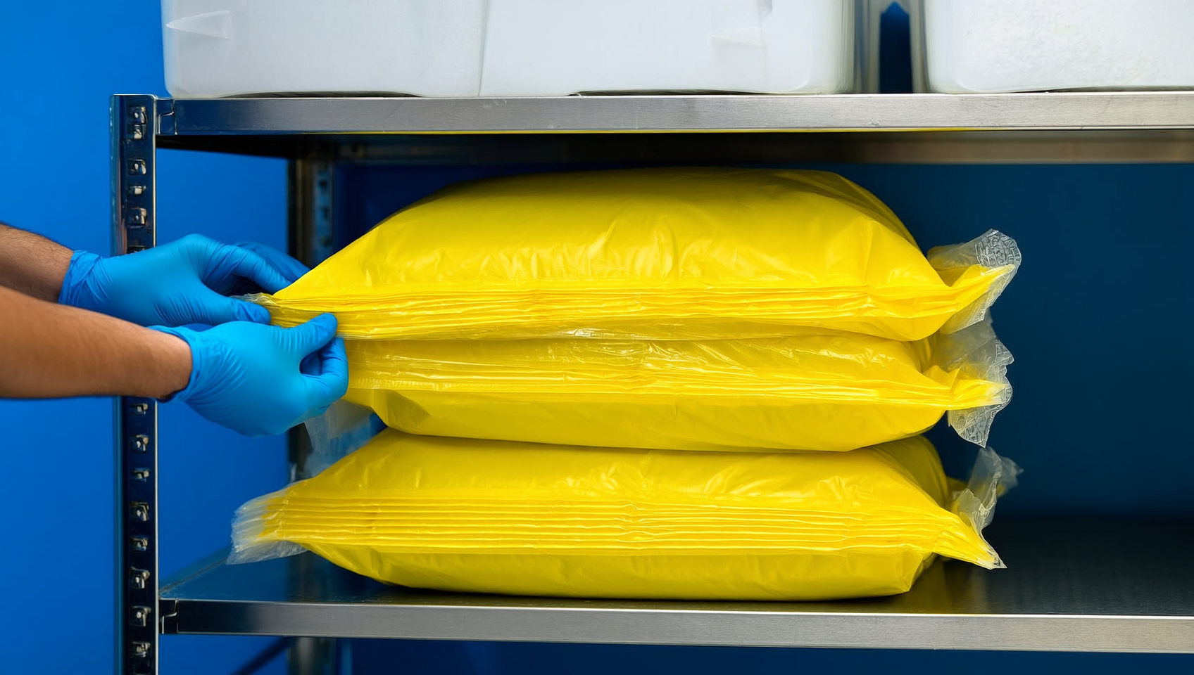 Manos enguantadas de un técnico revisando el sellado de bolsas amarillas de residuos RPBI apiladas en un estante metálico dentro de un cuarto de almacenamiento hospitalario limpio y ordenado