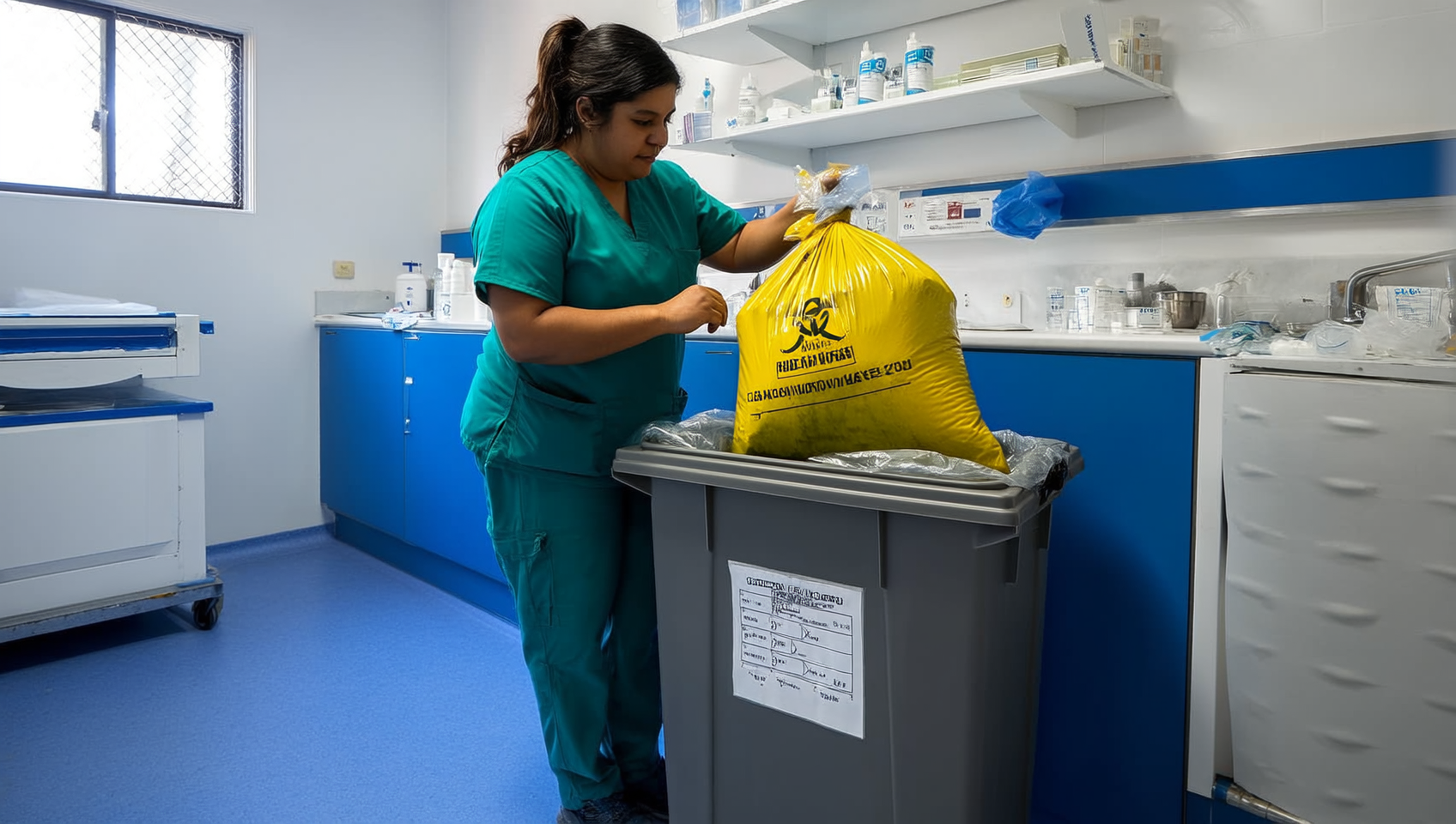 Trabajador de salud con scrubs colocando una bolsa amarilla para residuos RPBI dentro de un contenedor etiquetado en una sala de almacenamiento clínico con luz natural