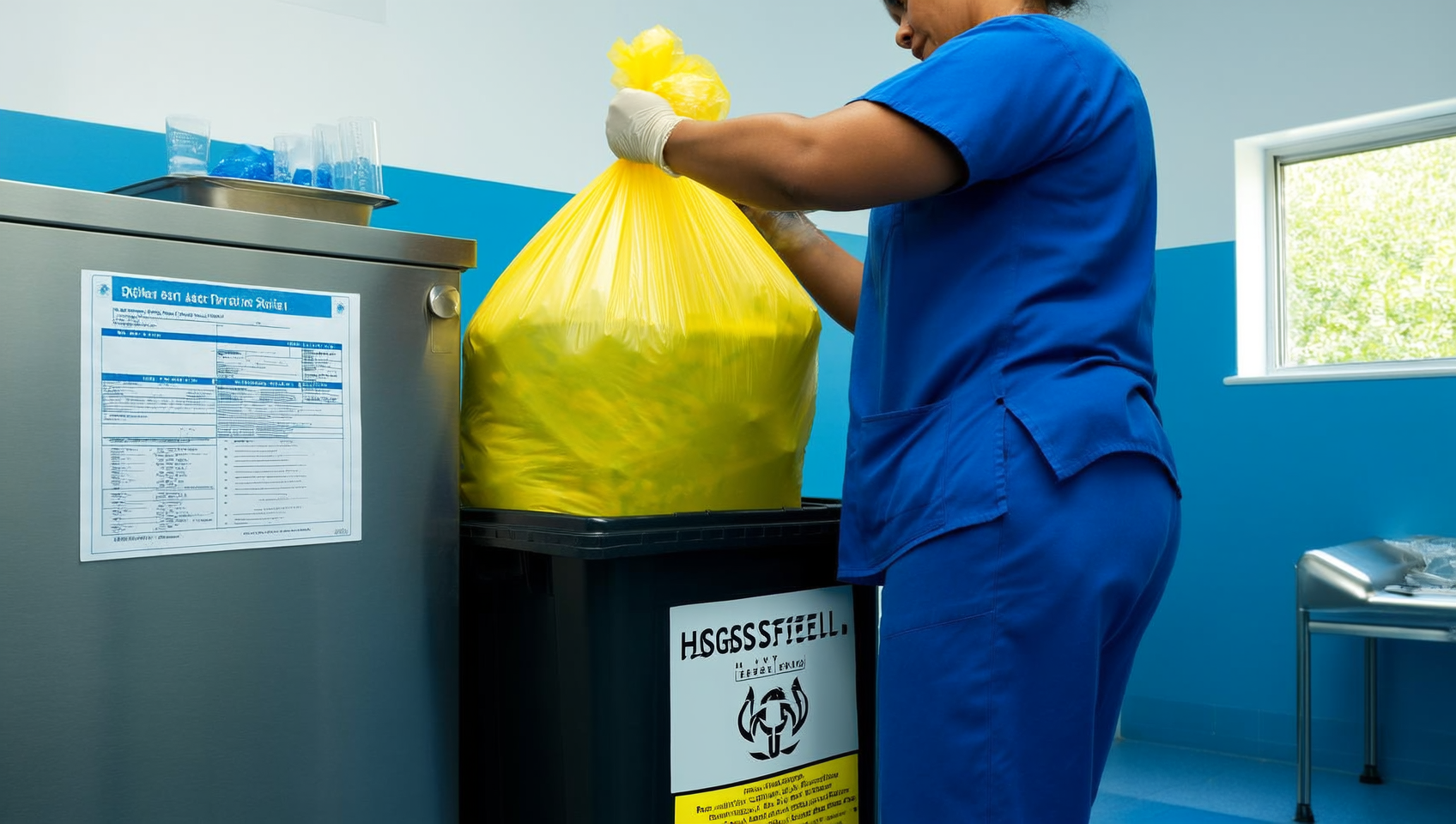 Trabajadora de salud con bata azul colocando una bolsa amarilla de RPBI en un contenedor de residuos biológico-infecciosos, con fichas técnicas sobre una superficie de acero inoxidable en una sala de suministros clínica con luz natural