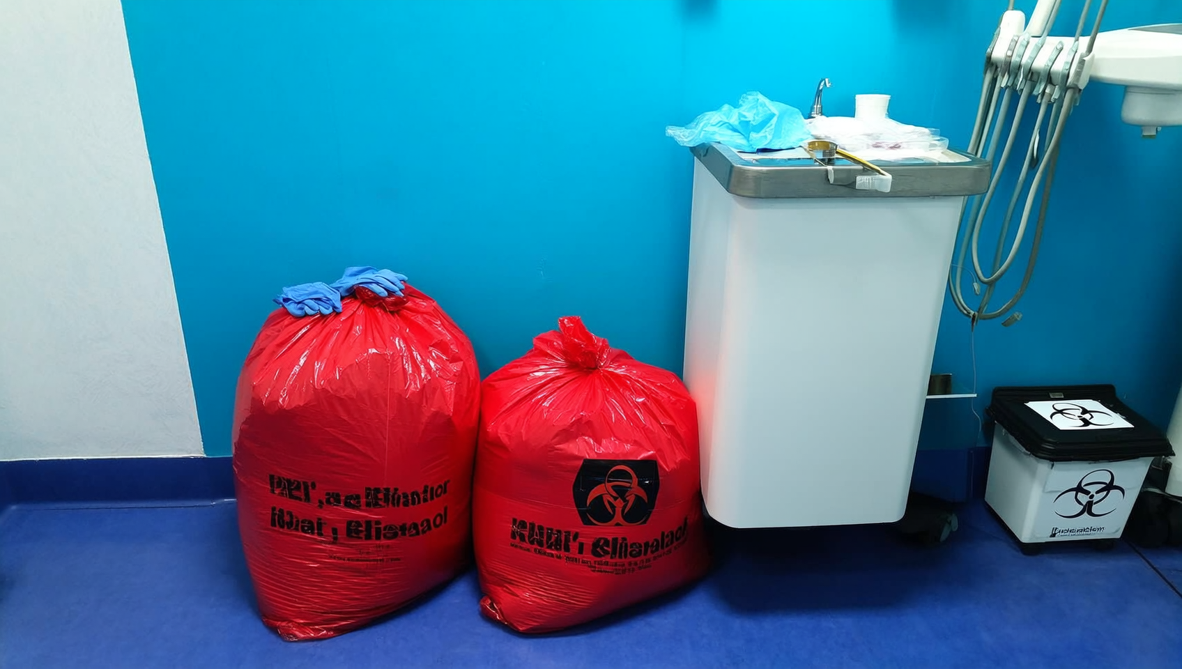 Bolsa roja RPBI junto a un bote de residuos biológico-infecciosos en un consultorio dental mexicano, con guantes y gasas visibles sobre una superficie clínica limpia