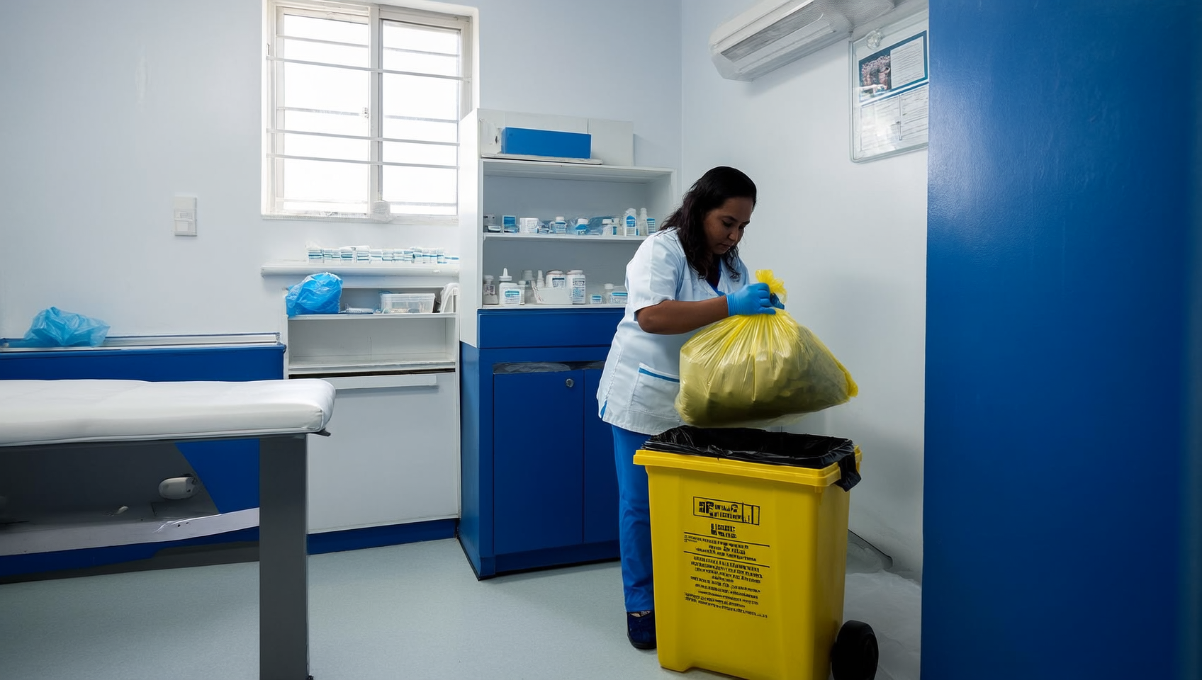 Trabajador de salud con guantes azules colocando una bolsa amarilla sellada de residuos RPBI dentro de un contenedor amarillo correctamente etiquetado en un cuarto de almacenamiento temporal de clínica mexicana