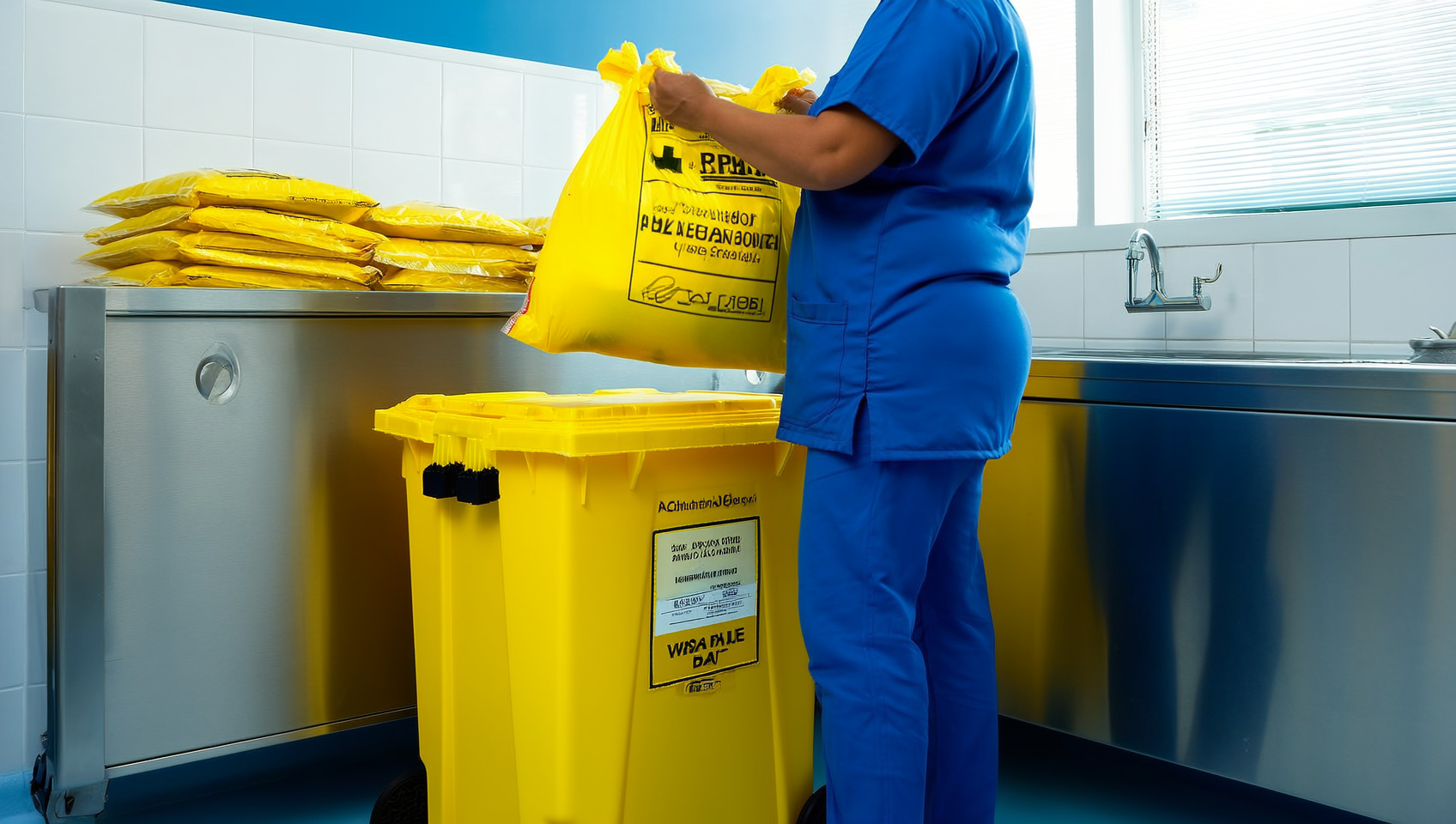 Trabajador de salud con scrubs azules colocando una bolsa amarilla para RPBI en un contenedor amarillo, con bolsas dobladas apiladas en un estante metálico al fondo, en una sala de suministros hospitalaria con iluminación natural. La bolsa de RPBI y el contenedor deben llevar el símbolo de riesgo biológico.